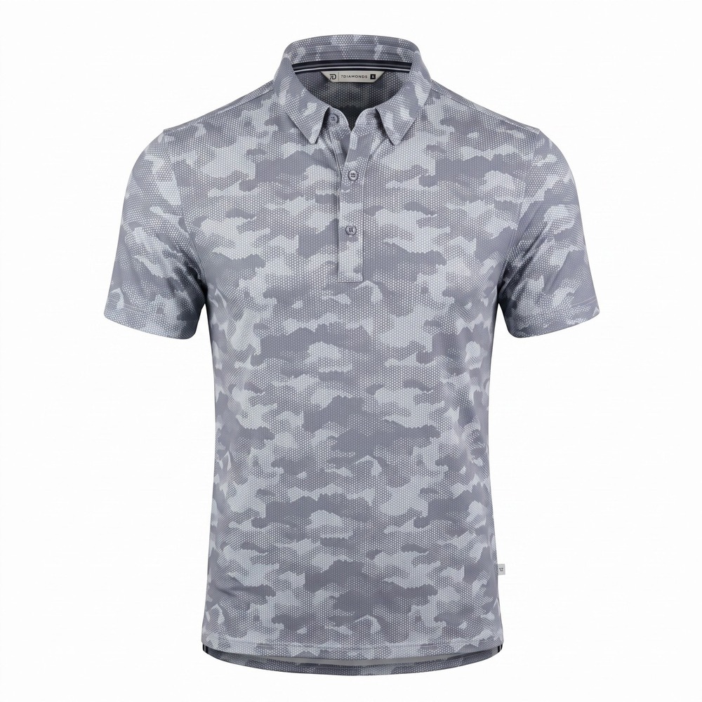 7 Diamonds Lyon Polo Mens Small Grey Camo 4-Way Stretch Performance Golfc